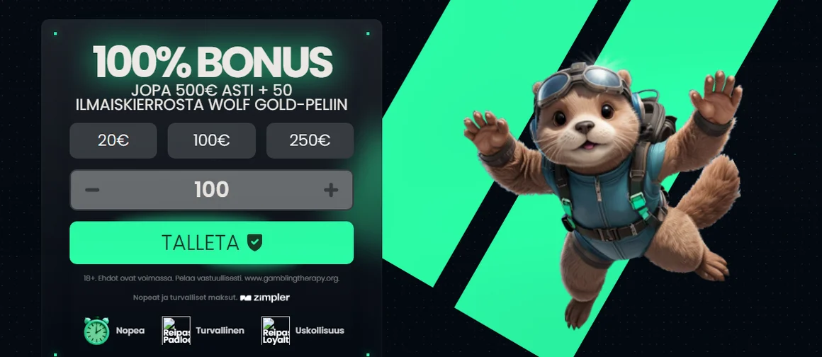 Reipas — 100% bonus jopa 500 € asti sekä 50 ilmaiskierrosta Wolf Gold-peliin ensitalletuksella.
